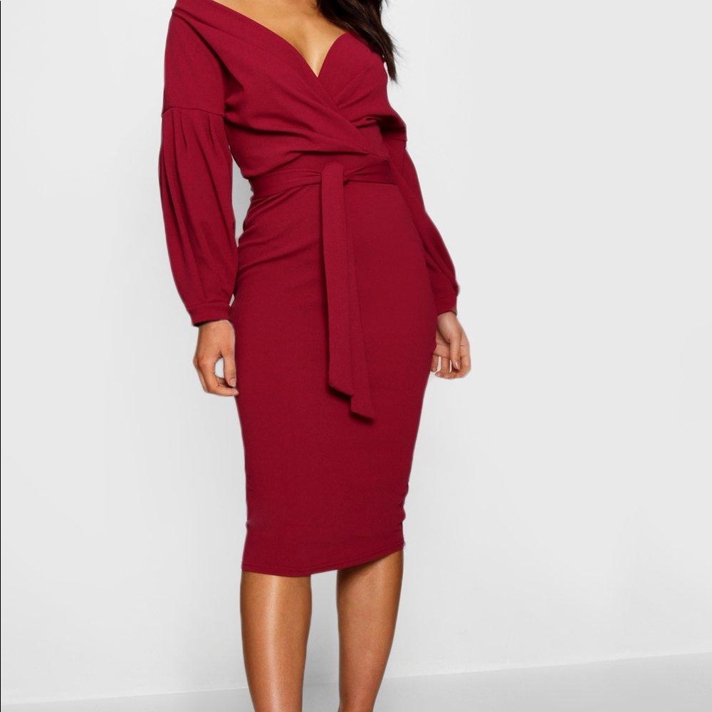 Boohoo Off Shoulder Wrap Dress (Berry Red)